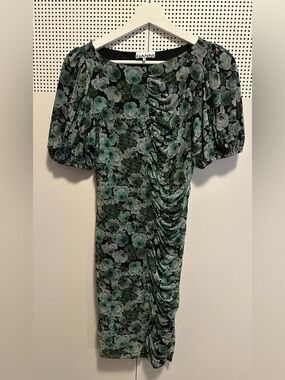 Ganni Green Floral Ruched Puff-Sleeve Mini Dress